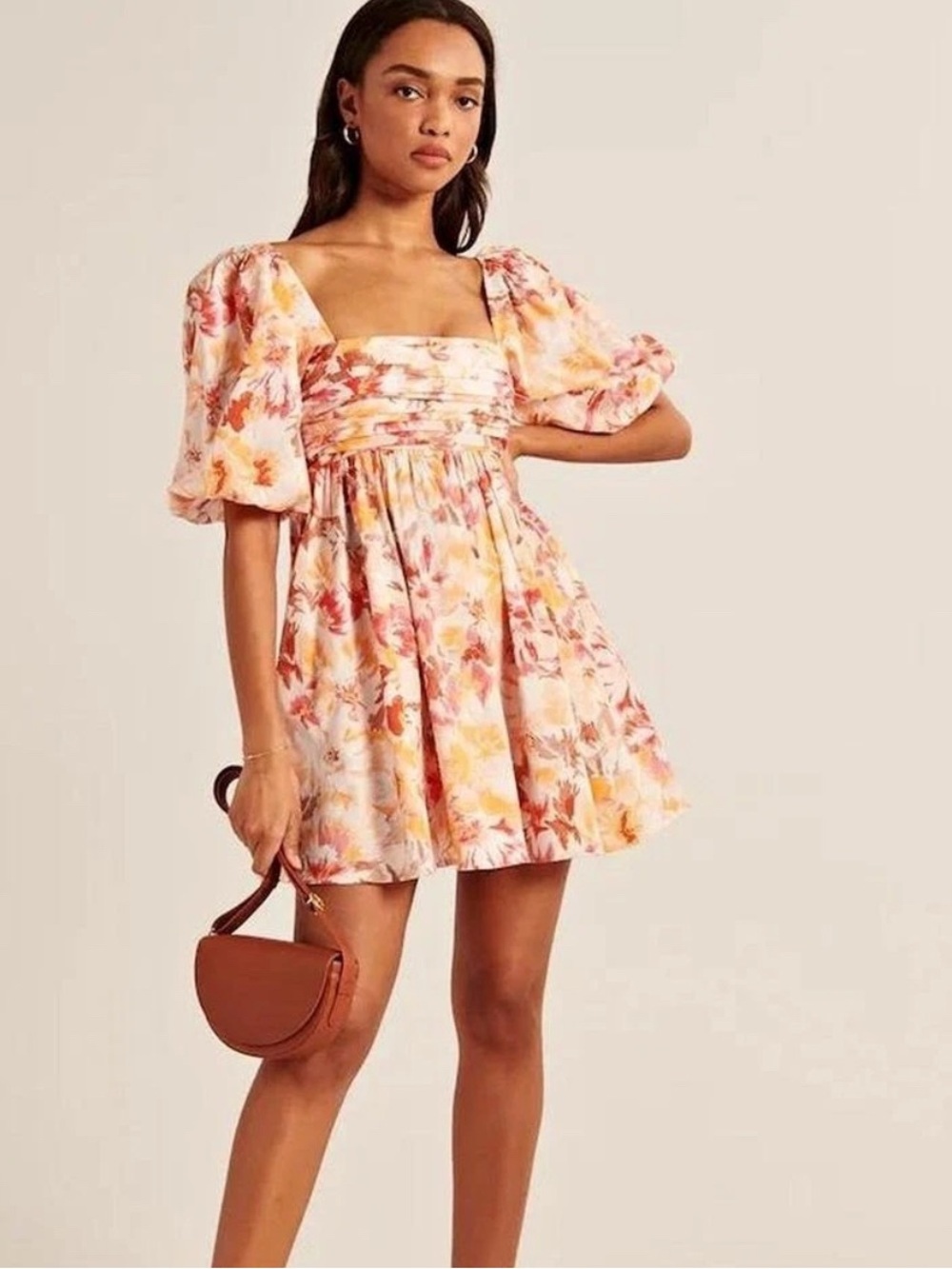 Abercrombie & Fitch Floral Puff Sleeve Smocked Square Neck Mini Dress L